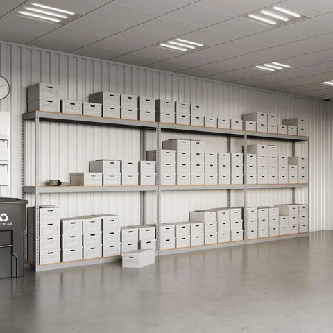 Bulletproof Workhorse Boltless Shelving Add On Rack With Three Adjustable Gray Shelves 24 By 36 By 72 Inches holding storage boxes.