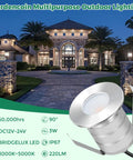 Outdoor Recessed LED Landscape Lights 12-24V Low Voltage Dimmable Heavy Duty Soffit And Deck Flush Mount In Ground Well Light Yard Path Lighting Waterproof IP67 Ideal For Underwater Pond Lighting 6 Pack displayed in front of a large house