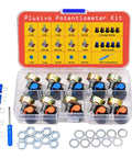 Plastic case showing All In One Potentiometer Kit With 46 Pieces Including 1K To 100K Ohm Linear Rotary Taper Potentiometers Multi Turn Trimmers WH148 Knobs And A Mini Screwdriver Washers And Nuts For Do It Yourself Electronics Projects