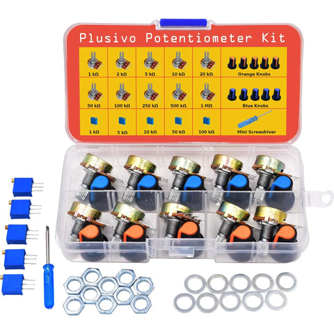 Plastic case showing All In One Potentiometer Kit With 46 Pieces Including 1K To 100K Ohm Linear Rotary Taper Potentiometers Multi Turn Trimmers WH148 Knobs And A Mini Screwdriver Washers And Nuts For Do It Yourself Electronics Projects