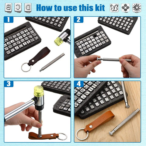 Instructional image showing how to use the Leather Stamping Tools Kit With 2 Punch Tools 70 Piece Set Includes 68 Metal Letter And Number Stamps Plus Pattern Stamps For DIY Leather Crafting Handmade Accessories And Custom Leather Projects.