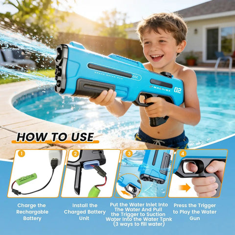 Child playing with Ultimate Water Blaster Gun With Automatic Reload And Three Shooting Modes For Epic Summer Water Fights Long Range Up To 32 Feet Ideal Outdoor Yard Party Toy For Kids And Adults by a pool.