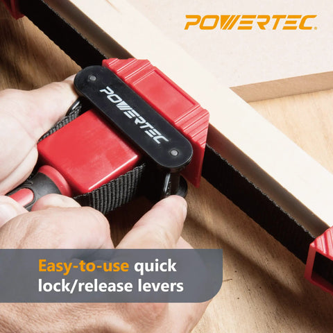 Close-up of Heavy Duty Strap Clamp Set With Quick Release Levers And Ergonomic Handle securing a wooden frame with nylon band