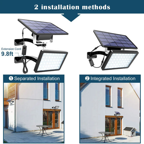 1000 Lumen 48 LED Solar Dusk To Dawn Outdoor Light With Remote Control Kit showing two installation methods with solar panel