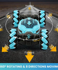 Gesture Sensing RC Stunt Car For Kids 6 To 12 moving in 360 degrees on a road. Blue double-sided twist vehicle visible.