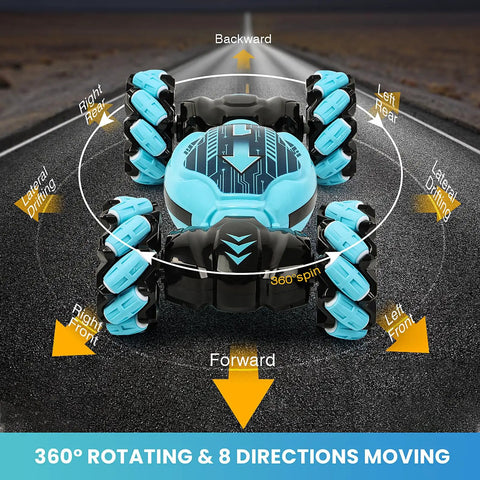 Gesture Sensing RC Stunt Car For Kids 6 To 12 moving in 360 degrees on a road. Blue double-sided twist vehicle visible.