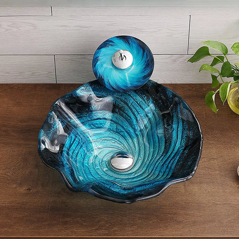 USZWBY Bathroom Vessel Sink with artistic blue glass design and matching drain stopper, perfect for modern countertops.