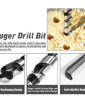 NICAVKIT 6-piece 12-inch wood auger drill bit set; collage showing drilling wood, self-positioning tip, and hex handle.