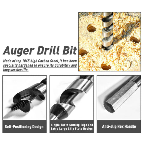 NICAVKIT 6-piece 12-inch wood auger drill bit set; collage showing drilling wood, self-positioning tip, and hex handle.