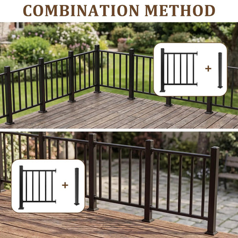 Heavy Duty Modular Deck Railing Kit, 36 By 3 Foot Black Porch Rails With Single Post displayed on outdoor wooden deck.