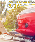 Five Sixteenth Inch Clevis Grab Hooks used for towing a red car onto a trailer, showcasing secure attachment