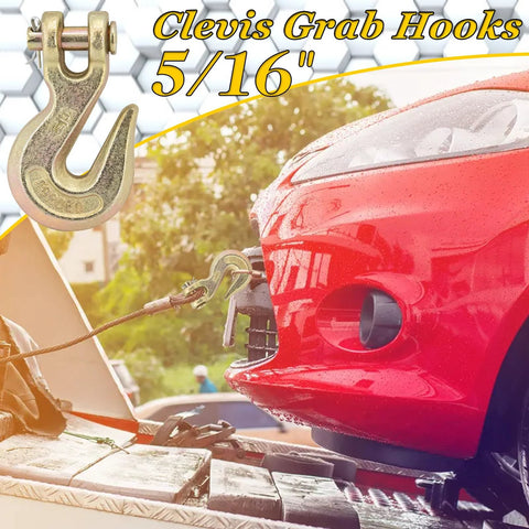 Five Sixteenth Inch Clevis Grab Hooks used for towing a red car onto a trailer, showcasing secure attachment