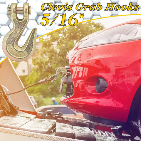 4 Pack 1/4 Inch Grade 70 Forged Steel Clevis Chain Grab Hooks attached to a red car for towing, weatherproof design for secure hauling.