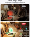 Woman using Wireless MagSafe Charger For iPhone 12-17 And AirPods Pro: 360 Degree Magnetic Alignment at night on bedside table.