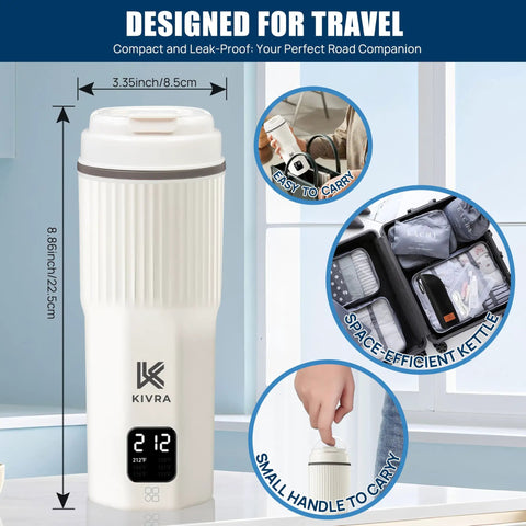 Travel Kettle 316 Stainless Steel Portable Water Boiler 450ml with LCD display, compact design, and easy carry features