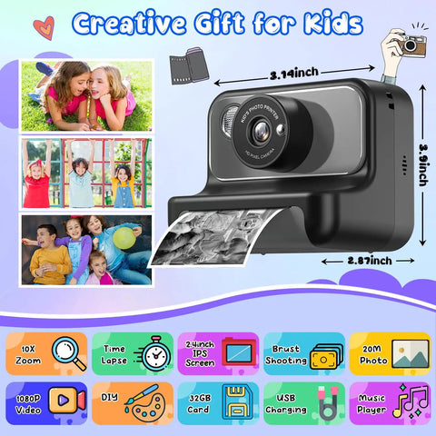 Instant Print Kids Camera For Fun Photos And Videos 10X Digital Zoom 2.4 Inch LCD Screen Flashlight Time Lapse Burst Mode DIY 21 Cute Frames 8 Mirror Effects 6 Filters black