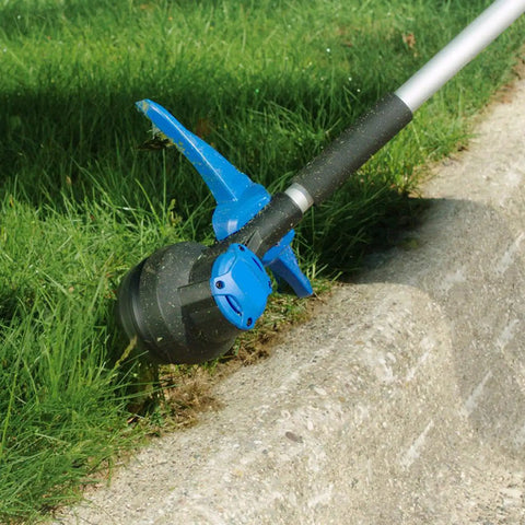 Kobalt 40-Volt Max Trimmer in use on lawn edge, showing spool line attachment for KST 120X, 0.065 inch dual-line design.