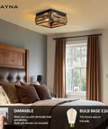 Farmhouse Two Light Ceiling Light Fixture Rustic Flush Mount With Wood And Metal in a bedroom setting