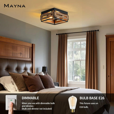 Farmhouse Two Light Ceiling Light Fixture Rustic Flush Mount With Wood And Metal in a bedroom setting