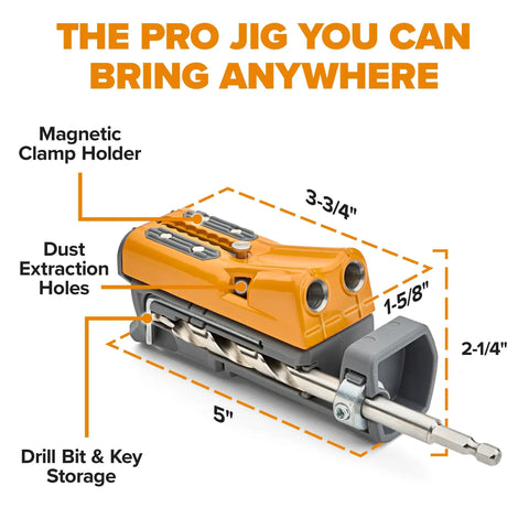 Heavy Duty Aluminum Pocket Hole Jig Kit With Auto Calibrating Clamp System And Fifty Premium Wood Screws For Knockout Furniture Joinery Right Out The Box Includes Square Drill Bit And Stop Collar Built Solid, showing magnetic clamp holder and dust extraction holes.