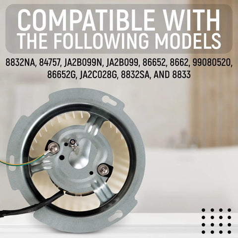Upgraded 8832NA Bathroom Fan Blower Motor Replacement shown with model compatibility list, 3.3-inch diameter, CCW rotation