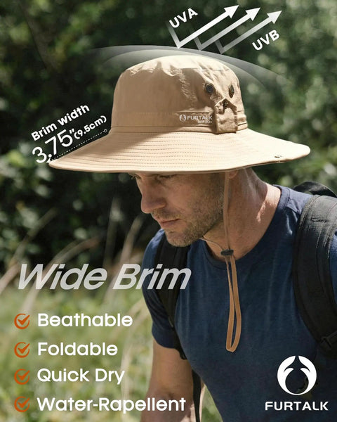 Men's UPF Sun Hat With Wide Brim Bucket Style For Fishing And Outdoors, Breathable Ventilated Design With UV Protection worn by a hiker