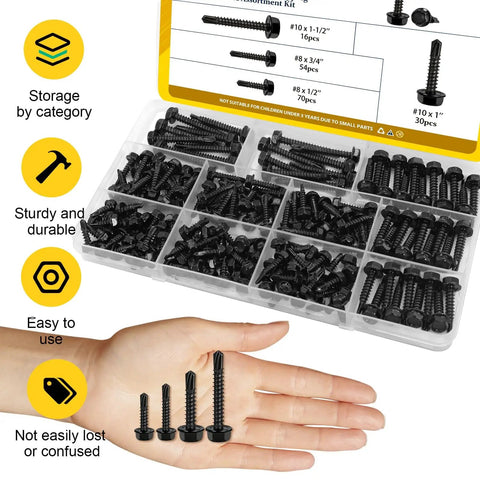 Black Self Tapping Screws Kit For Metal 170 Piece Assortment With Sizes Eight By Half Inch Eight By Three Quarter Inch Ten By One Inch Ten By One And Half Inch Hex Washer Head Self Drilling Screws 410 Stainless Steel Ideal For Light Metal Repairs And DIY