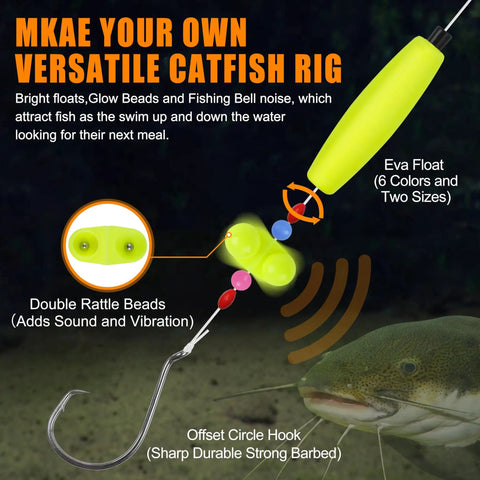 All In One Catfish Rig Making Kit Pro Grade Tackle Set 135 Pieces With Catfish Floats, hooks, rattle beads, and a catfish image.