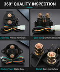 Built Tough Starter Solenoid Relay For Motorcycle Scooter With Heavy Duty Copper Terminals Vibration Resistant Construction displayed from top and side views.
