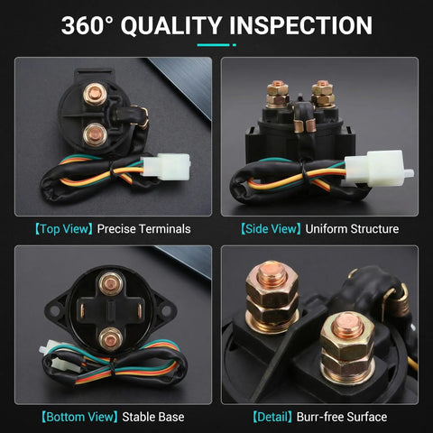 Built Tough Starter Solenoid Relay For Motorcycle Scooter With Heavy Duty Copper Terminals Vibration Resistant Construction displayed from top and side views.