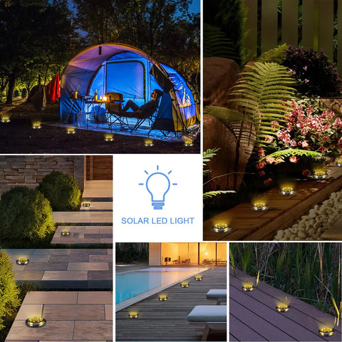 Collage of 12 Pack Solar Lights Outdoor Waterproof Ground Landscape Lighting for Patio Pathway Lawn Driveway Walkway with 12 LED Beads