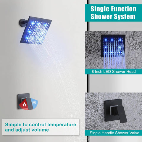 Dope Matte Black 8 Inch LED Rain Shower Head Set With Wall Mount, Single Function Trim Kit And Rough In Valve, Color Changing