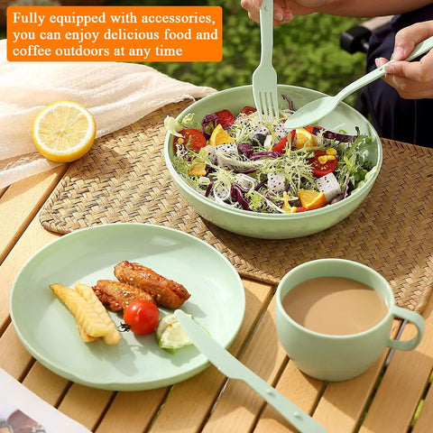 All In One 6-Piece Camping Mess Kit With Cup Plate Bowl Fork Spoon Knife And Carry Bag For Travel Picnic And Outdoor Adventures