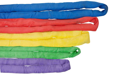 Various colored round slings, including red for Endless Round Sling 12 Foot Red With Hook Combo 13,200 Lbs WLL.