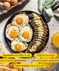 Round Cast Iron Griddle Pan 10.5 Inch Pre Seasoned Non Toxic PFAS Free Cookware with steak and eggs, ready to use.