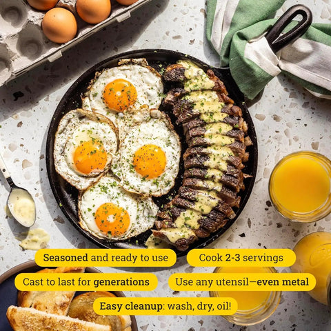 Round Cast Iron Griddle Pan 10.5 Inch Pre Seasoned Non Toxic PFAS Free Cookware with steak and eggs, ready to use.