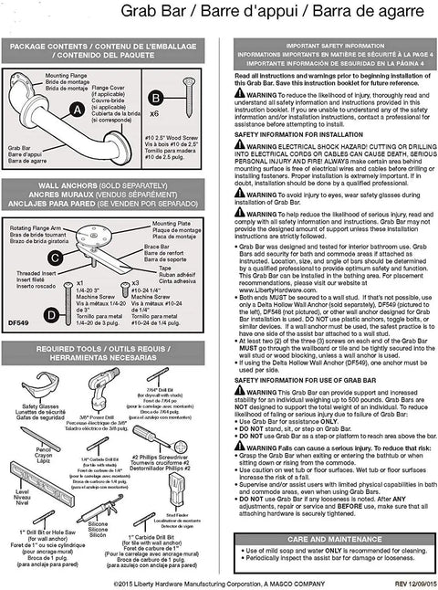 Instructions for Sturdy 24 Inch Wall Mounted Shower Grab Bar ADA Compliant Satin Nickel Finish Built Tough Zinc Die Cast And Stainless Steel Construction For Up To 500 Pounds No Slip Grip For Bathroom Safety.
