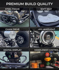 Electric Go Kart For Adults And Kids With 48V 2000W Motor Delivers 12 To 31 MPH Gnarly Off Road Thrills On 6 Inch All Terrain Tires, 440 Lb Capacity, 10.4Ah Battery, 3 Speed Modes, LED Lights And Charger Included Black features premium build quality with steel frame, soft seat, chain drive, LED headlight, digital display, and handlebar control.