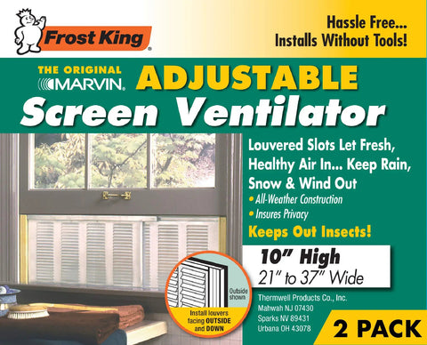 Packaging for Frost King Marvin Adjustable Window Screen Kit 10 Inch High Fits 21 To 37 Inch Wide 2 Pack with features listed