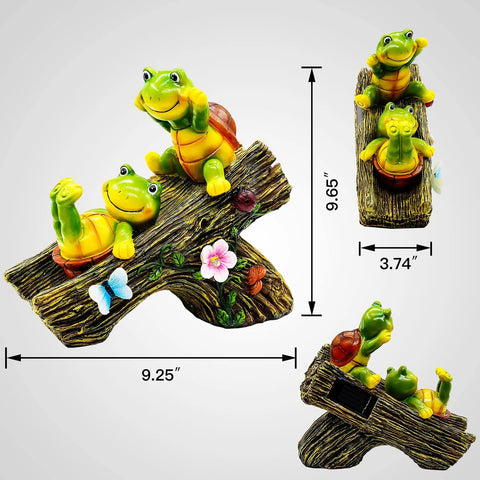 Whimsical frog and turtle figurine on log, dimensions 9.25" L x 3.74" W x 9.65" H with colorful floral accents.
