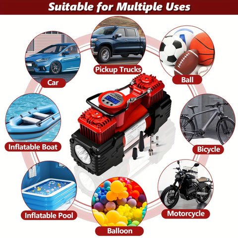 Dual Cylinder Tire Inflator Air Compressor With Digital Display And Auto Shut Off 12V DC Portable Air Pump showing multiple uses