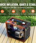 Heavy Duty Portable PCP Air Compressor Pump Crushes Four Thousand Five Hundred PSI with visible motor and pressure gauge on wooden surface.