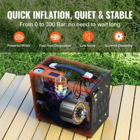 Heavy Duty Portable PCP Air Compressor Pump Crushes Four Thousand Five Hundred PSI with visible motor and pressure gauge on wooden surface.