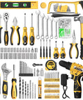 Heavy Duty 299 Piece Tool Kit With 12V Cordless Drill And Spacious Sliding Drawer Case tools arranged for mechanics with black and yellow design.