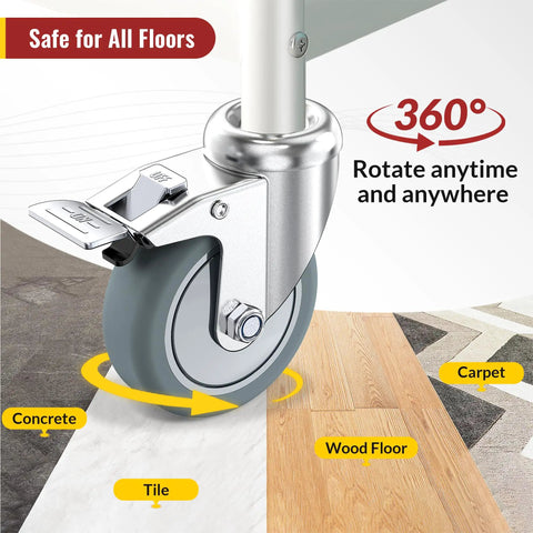 Built Tough 3 Inch Locking Caster Wheels Set Of 4 Heavy Duty TPR Rubber Swivel Castors With Top Lock Brake 7/16 Stem 660 Lb Capacity image showing 360° rotation, suitable for various floor types.