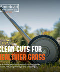 Side view of a 1204-14 14-Inch 4-Blade Push Reel Lawn Mower with lightweight body and polymer wheels in a grassy yard.