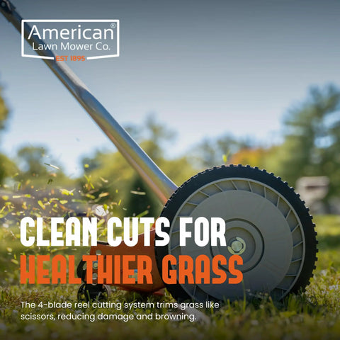 Side view of a 1204-14 14-Inch 4-Blade Push Reel Lawn Mower with lightweight body and polymer wheels in a grassy yard.