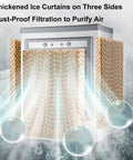Heavy Duty Industrial Evaporative Air Cooler With 90L Water Tank showing thickened ice curtains and dust-proof filtration.
