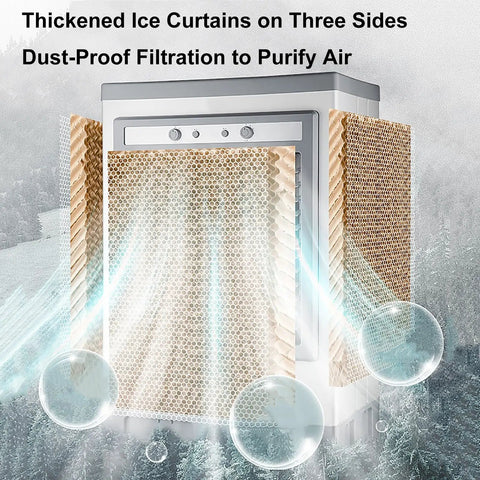 Heavy Duty Industrial Evaporative Air Cooler With 90L Water Tank showing thickened ice curtains and dust-proof filtration.