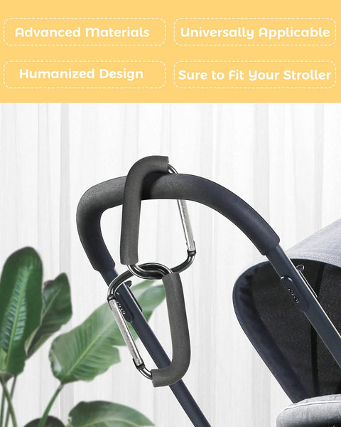 Two Pack Large Stroller Hooks Clip For Hanging Bags And Shopping Heavy Duty Aluminum Alloy Carabiner Style Stroller Accessories attached to stroller handle